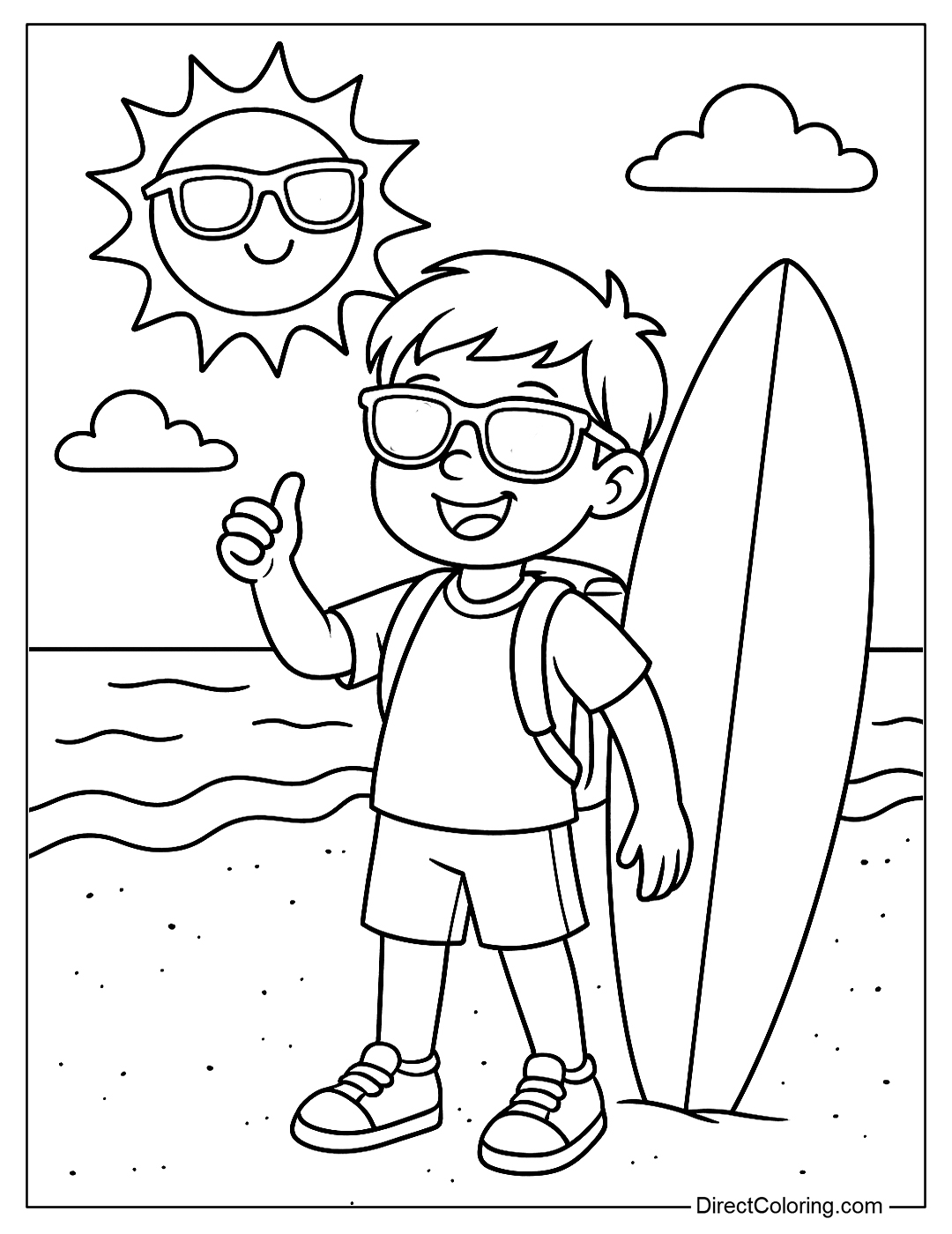 A coloring page of a student with a backpack, standing by a beach with sunglasses and a surfboard, symbolizing summer break